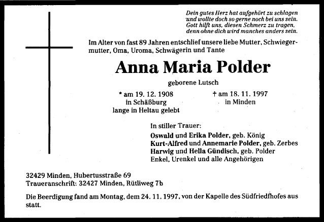 Lutsch Anna Maria 1908-1997 Todesanzeige